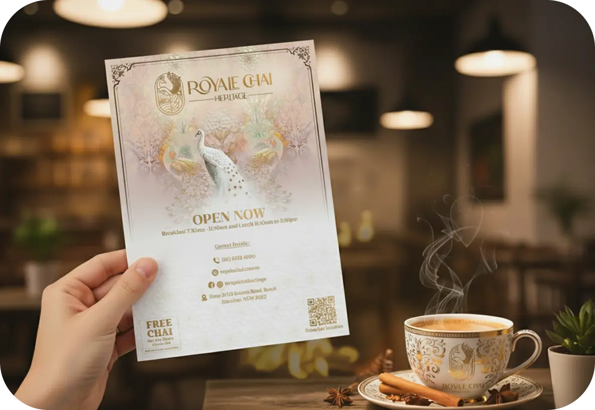 Royale Chai brand identity — printed launch flyer and branded teacup