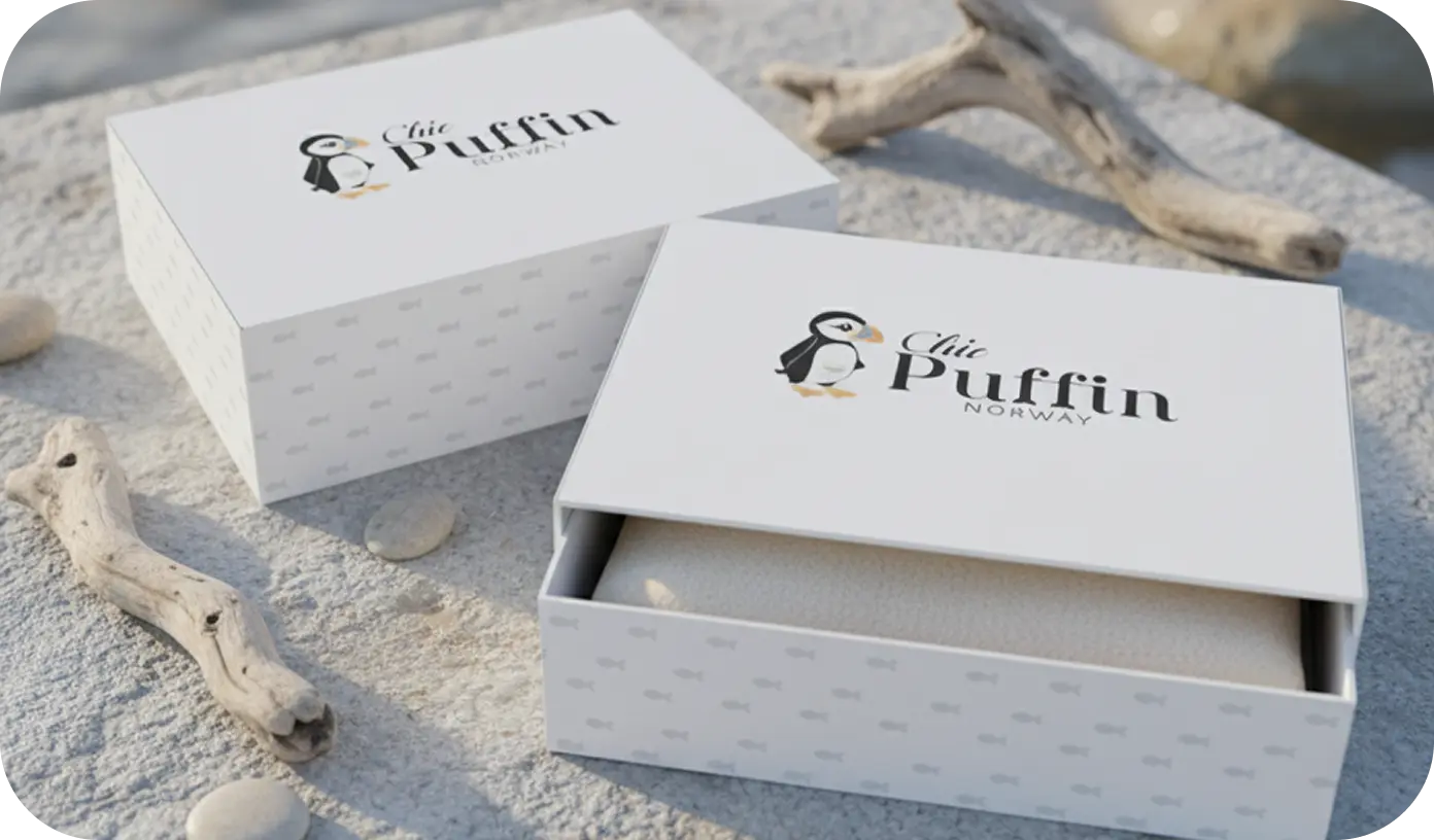 Chic Puffin Norway packaging design — branded boxes with logo and pattern system