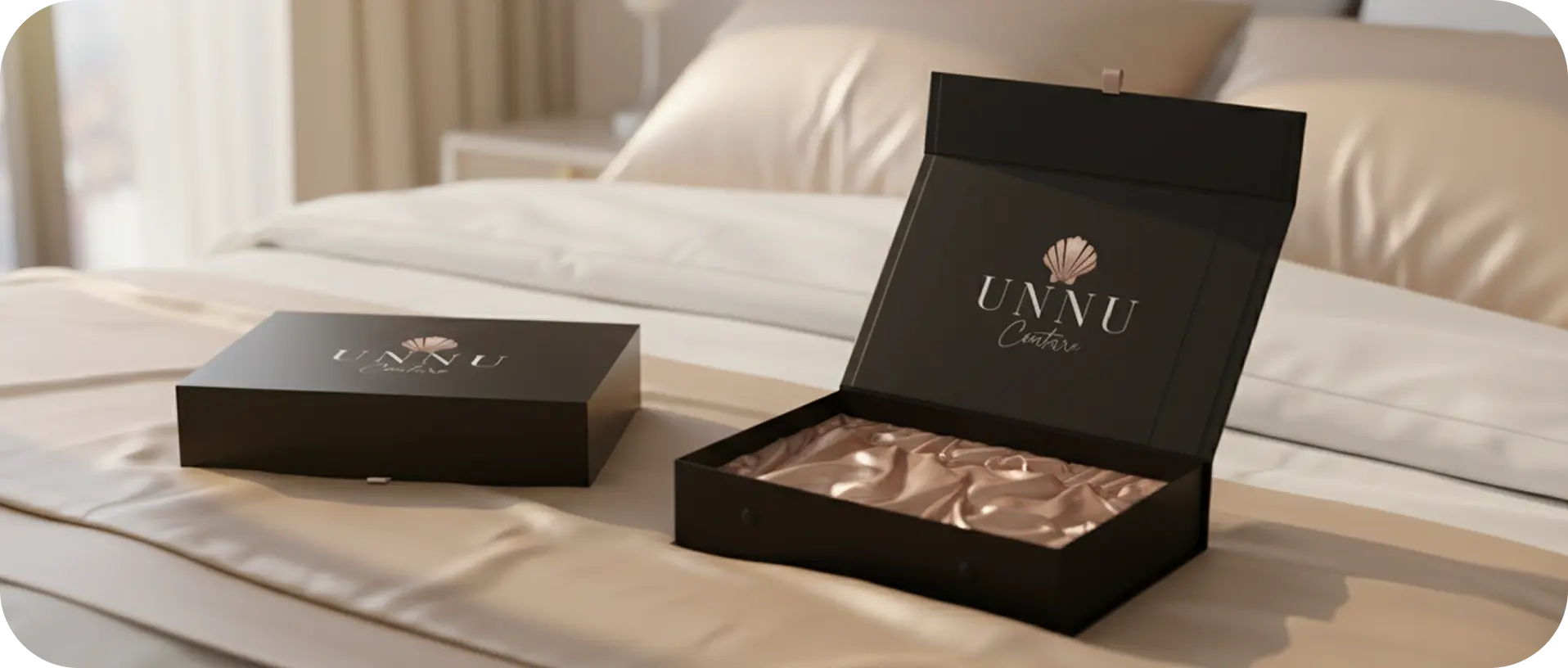 UNNU Couture packaging design — branded gift boxes with logo