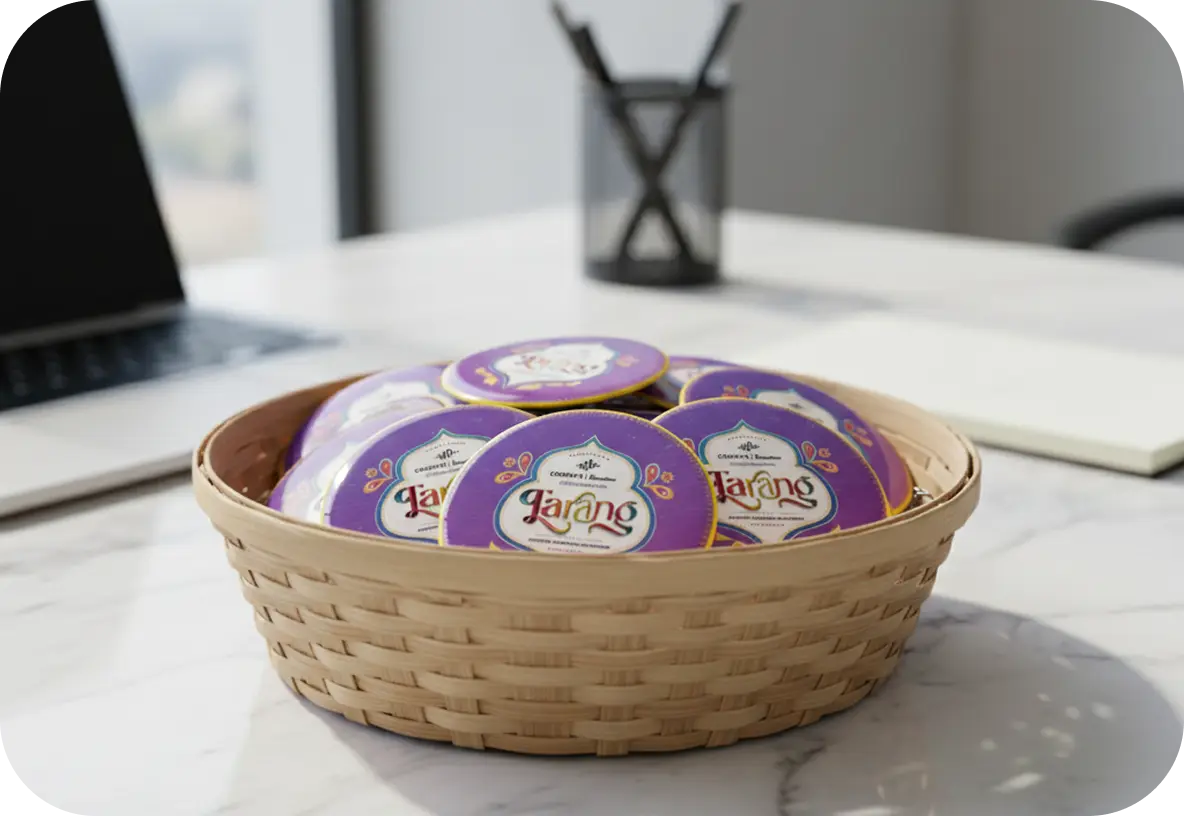 Tarang packaging design — branded tins with illustrated logo