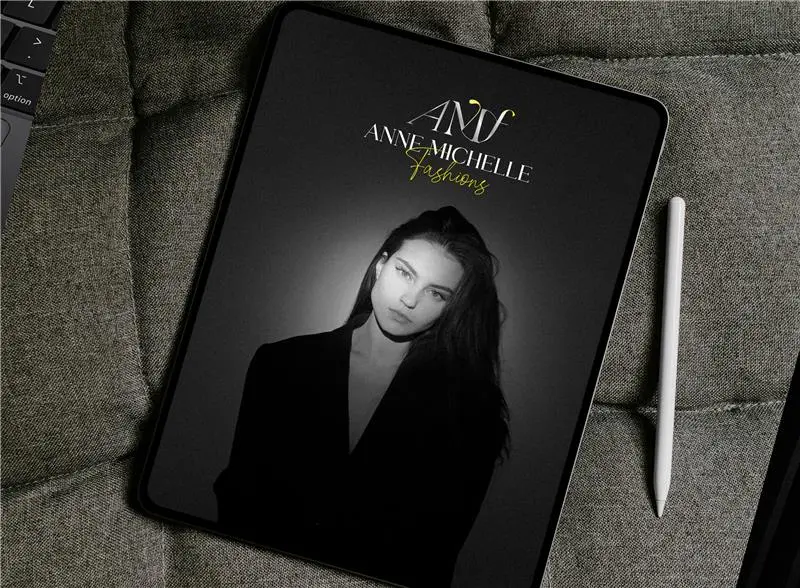Anne Michelle Fashions — brand identity and editorial layout on a tablet
